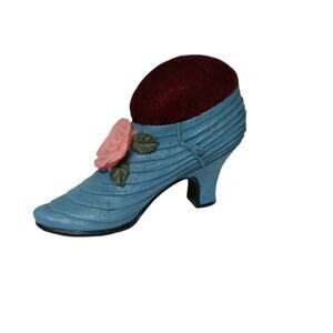 Mini Victorian Blue Shoe Pin Cushion Pink Rosette Sewing Collectible Vintage